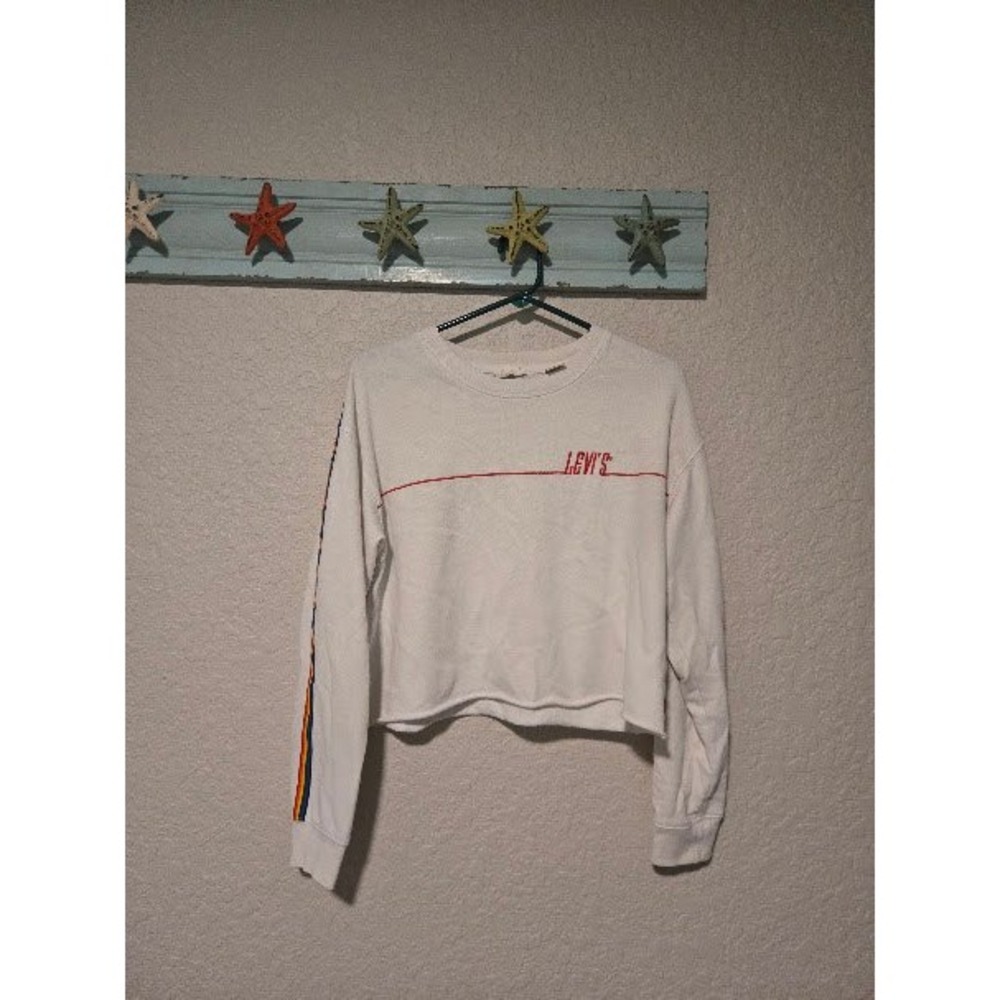 Levis Womens White Cropped Sweatshirt Rainbow Stripe Sleeve Logo Small